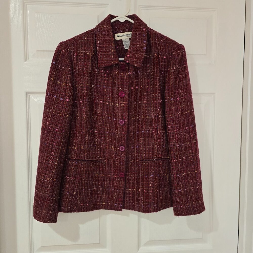 Appleseed's Tweed/Woven Lined Button Up Blazer Faux Pockets Burgundy‎ Size 14